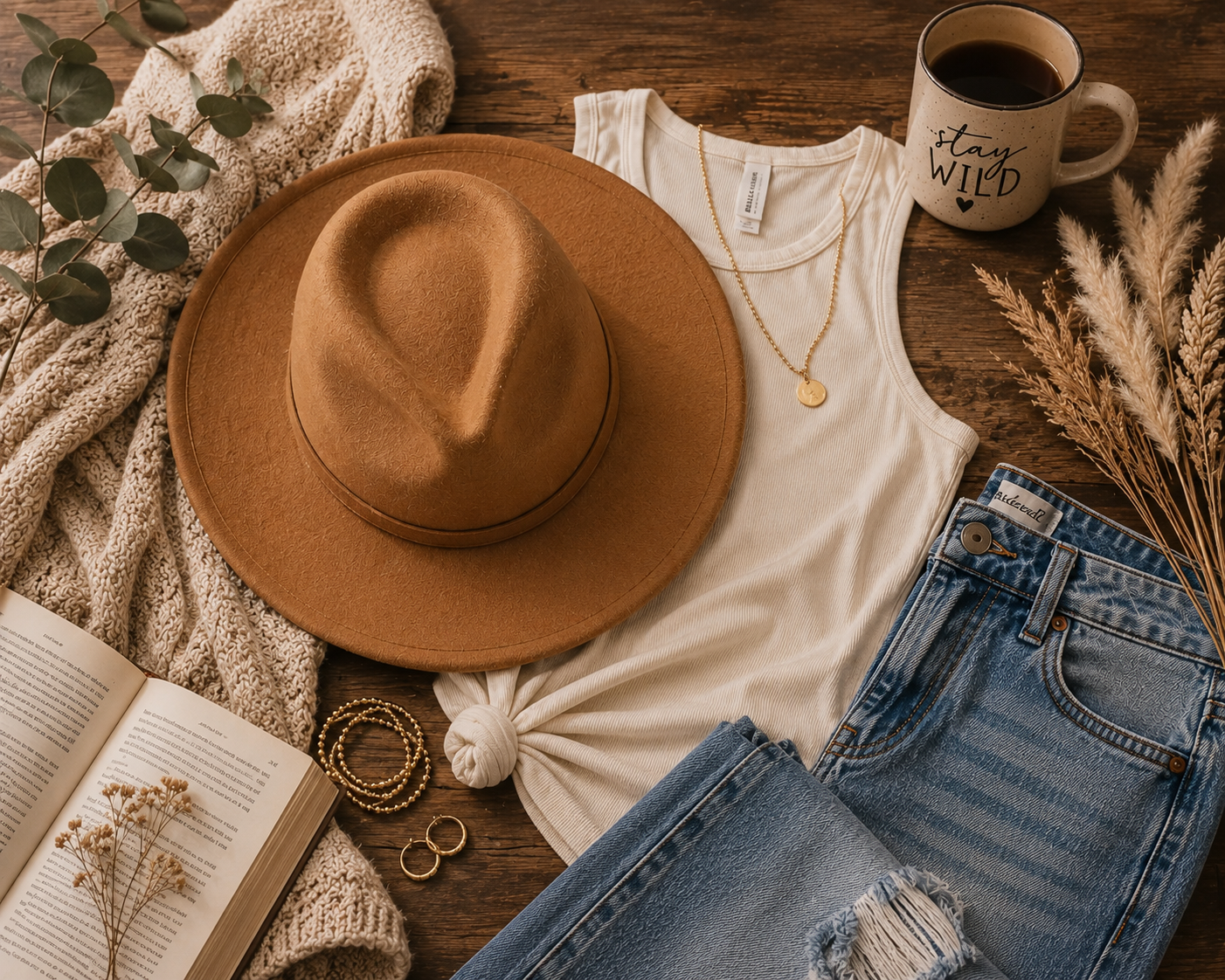 Boho hat lifestyle flat lay with stay wild mug and pampas grass