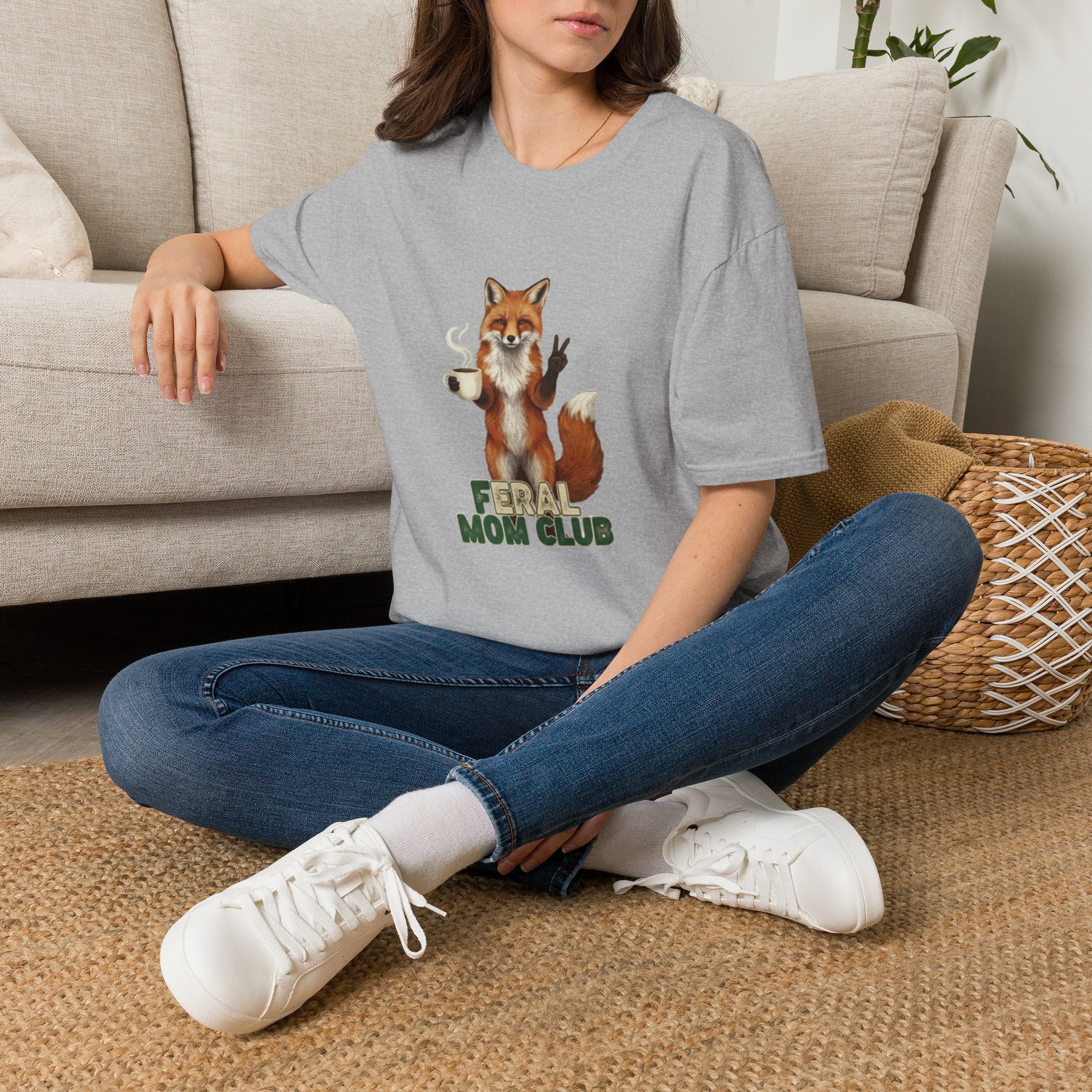 Fox Mom Club T‑Shirt — Cute Coffee‑Holding Fox Giving Peace Sign