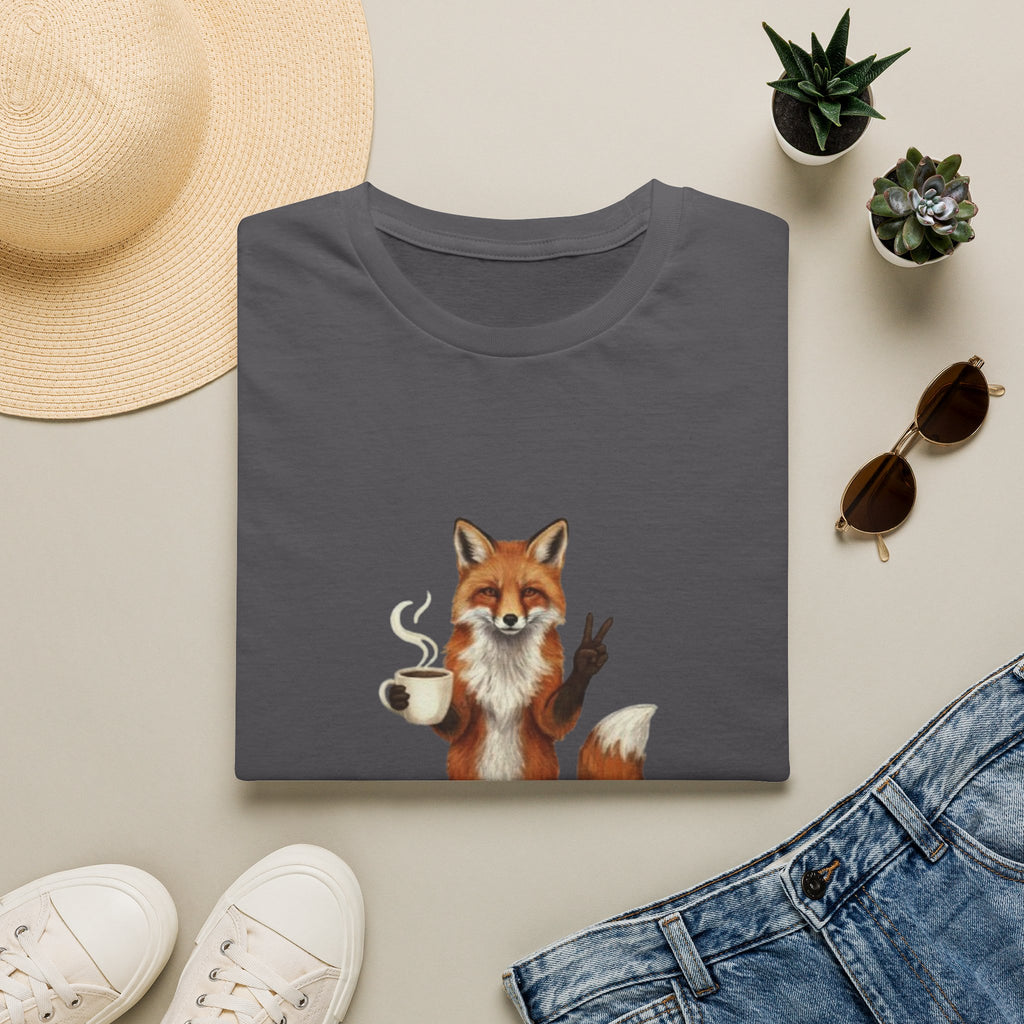 Fox Mom Club T‑Shirt — Cute Coffee‑Holding Fox Giving Peace Sign