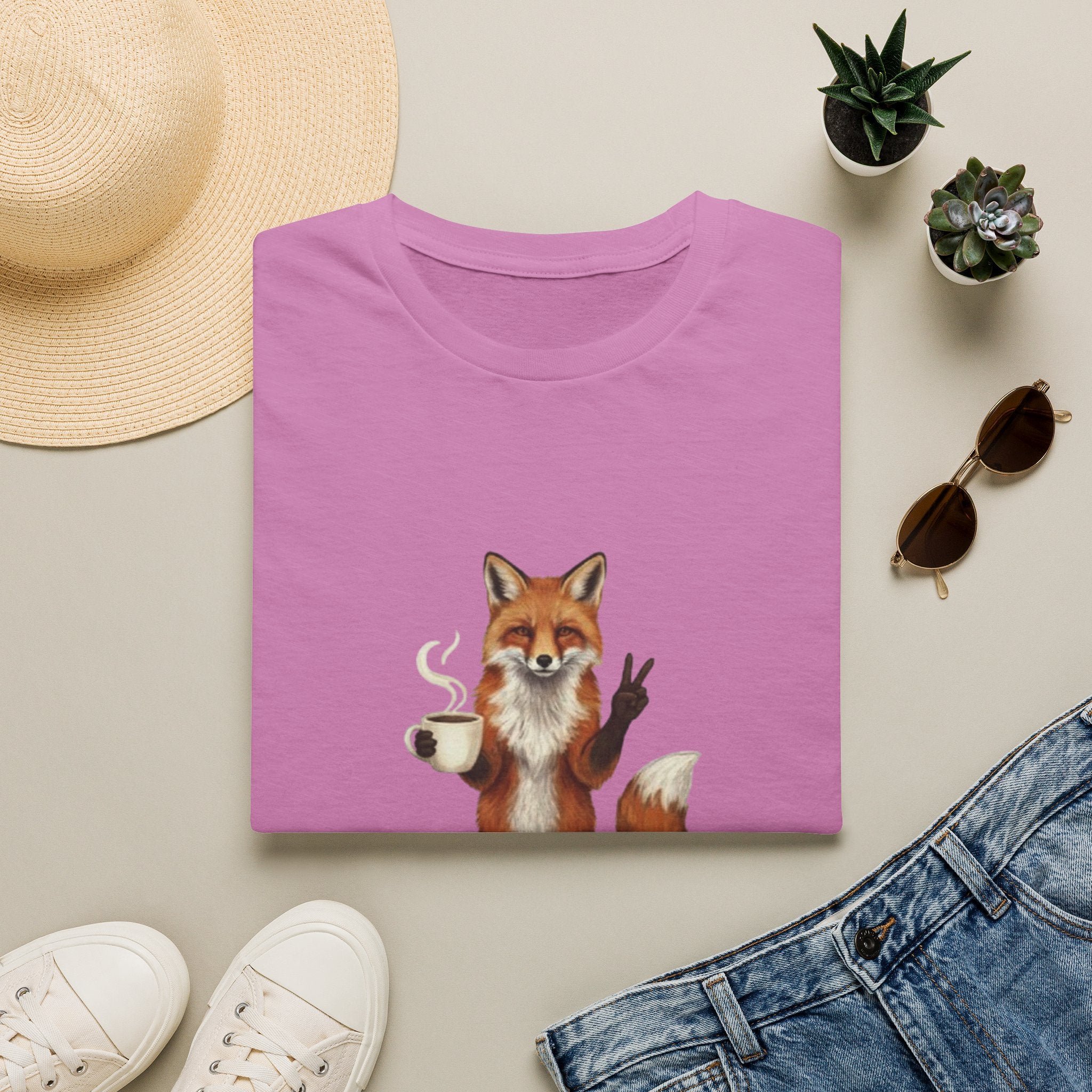 Fox Mom Club T‑Shirt — Cute Coffee‑Holding Fox Giving Peace Sign