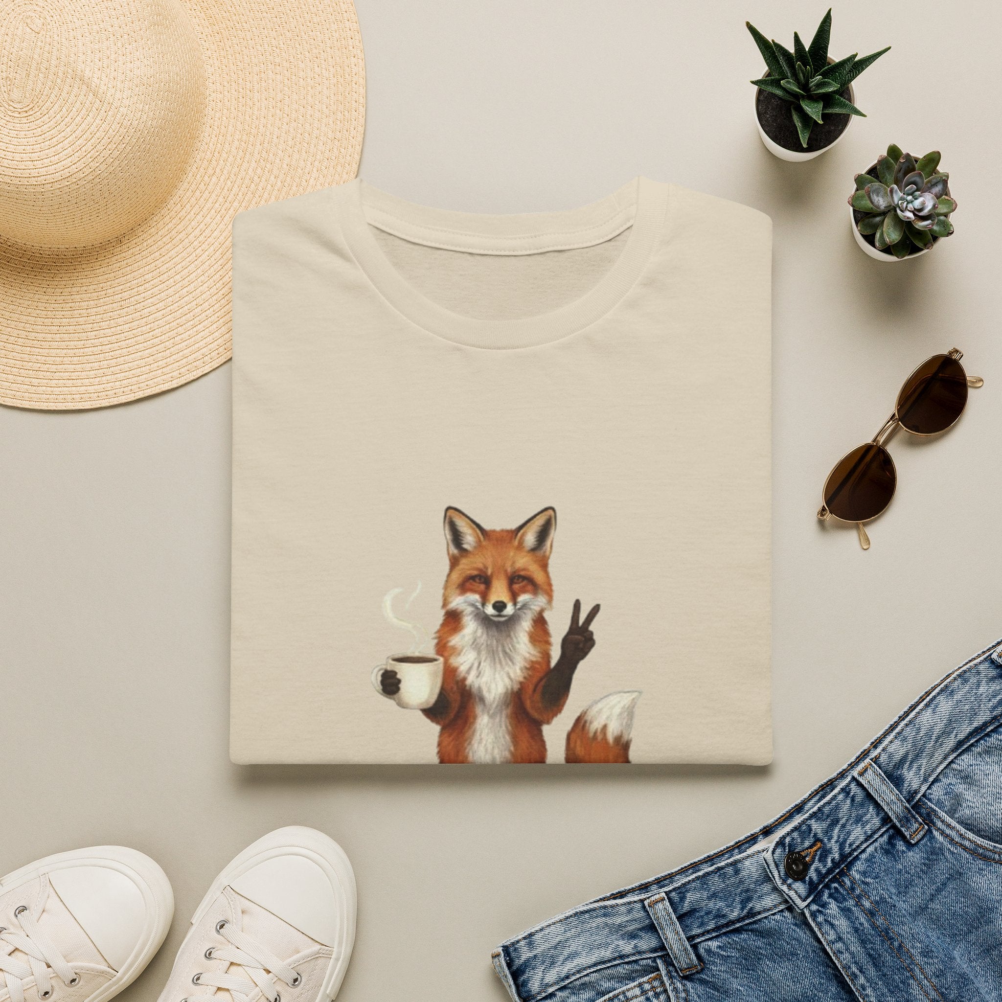Fox Mom Club T‑Shirt — Cute Coffee‑Holding Fox Giving Peace Sign