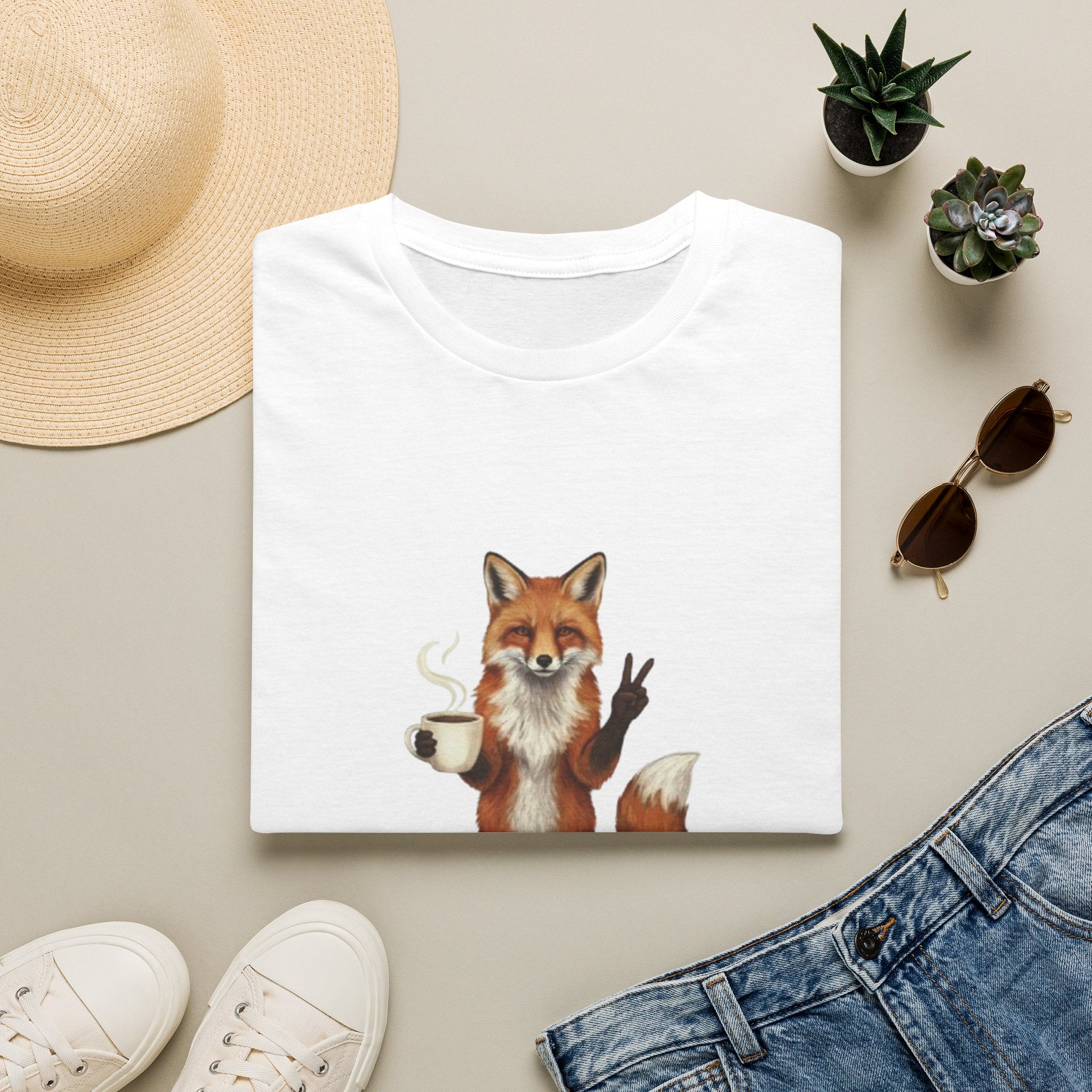 Fox Mom Club T‑Shirt — Cute Coffee‑Holding Fox Giving Peace Sign