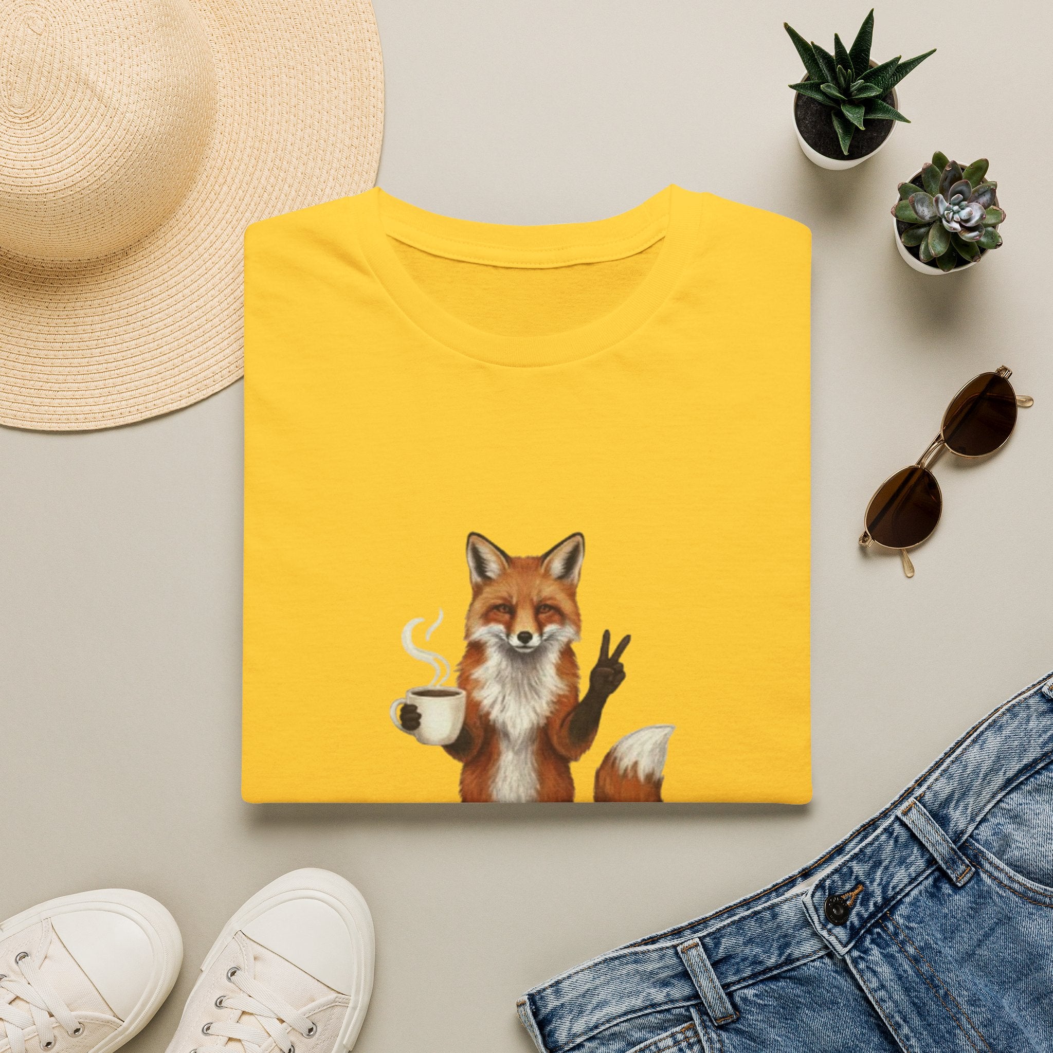 Fox Mom Club T‑Shirt — Cute Coffee‑Holding Fox Giving Peace Sign