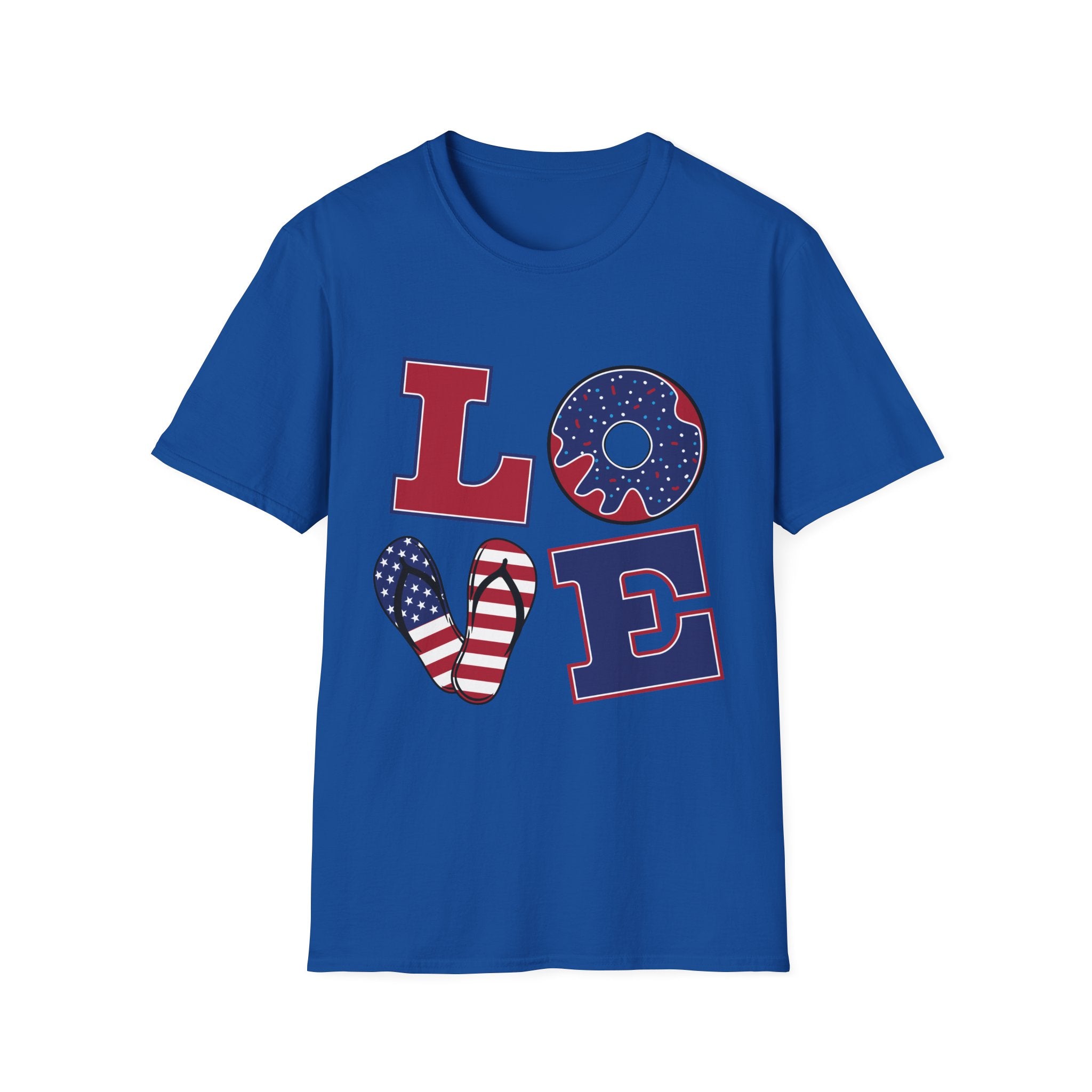 Patriotic 'LOVE' T-Shirt — Americana Donut & Flag Heart Graphic