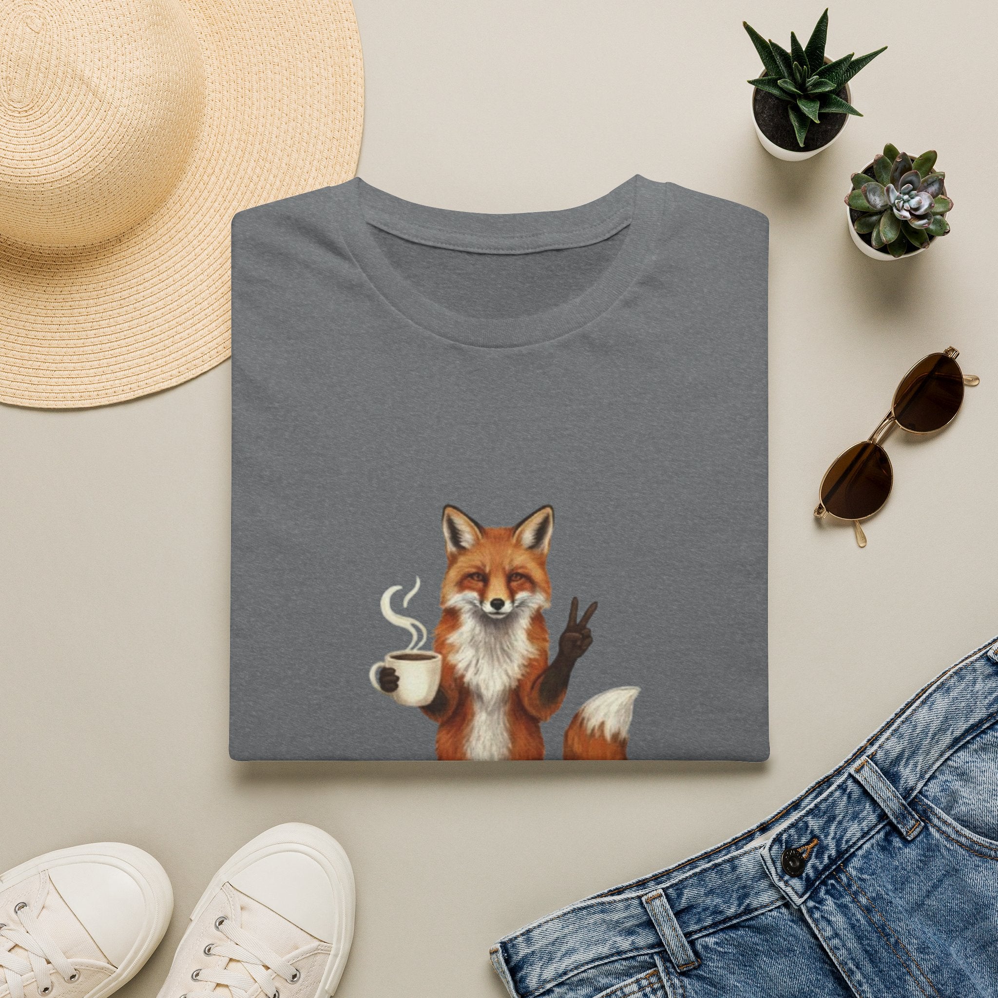 Fox Mom Club T‑Shirt — Cute Coffee‑Holding Fox Giving Peace Sign