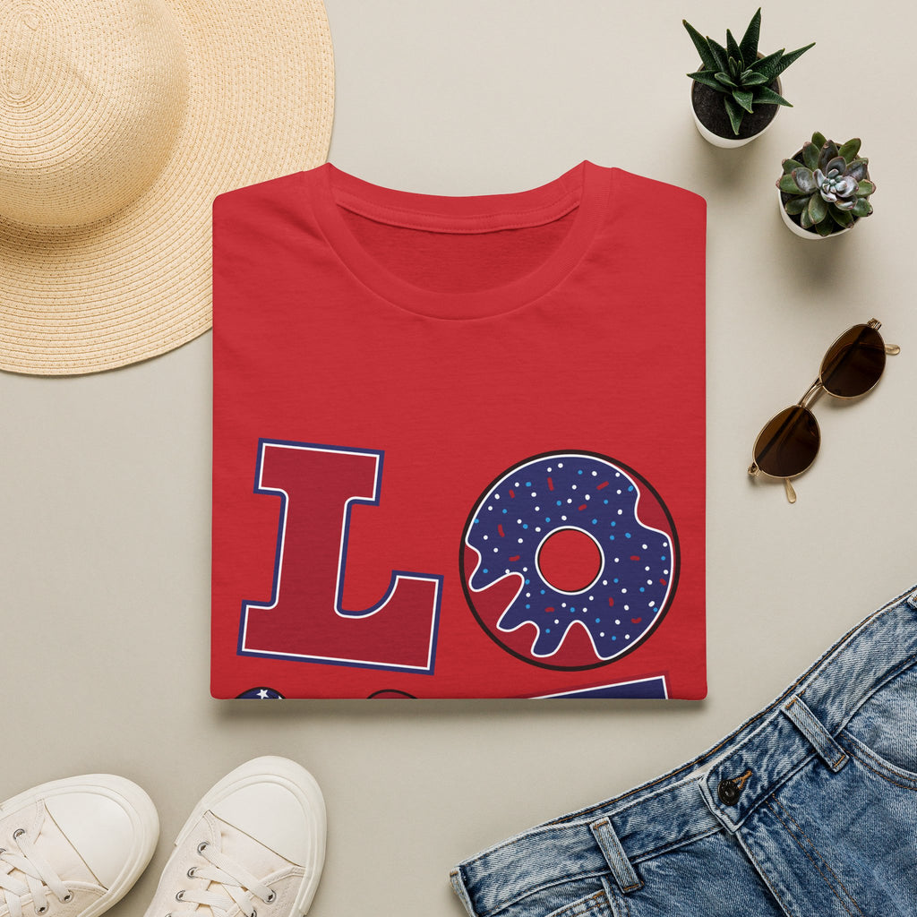Patriotic 'LOVE' T-Shirt — Americana Donut & Flag Heart Graphic
