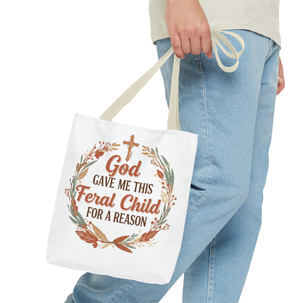 Tote — "God Gave Me This Feral Child for a Reason" Faith Floral Tote Bag