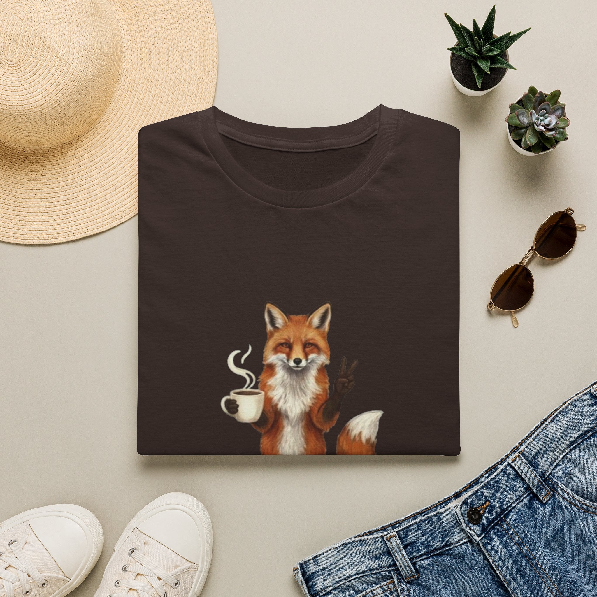 Fox Mom Club T‑Shirt — Cute Coffee‑Holding Fox Giving Peace Sign