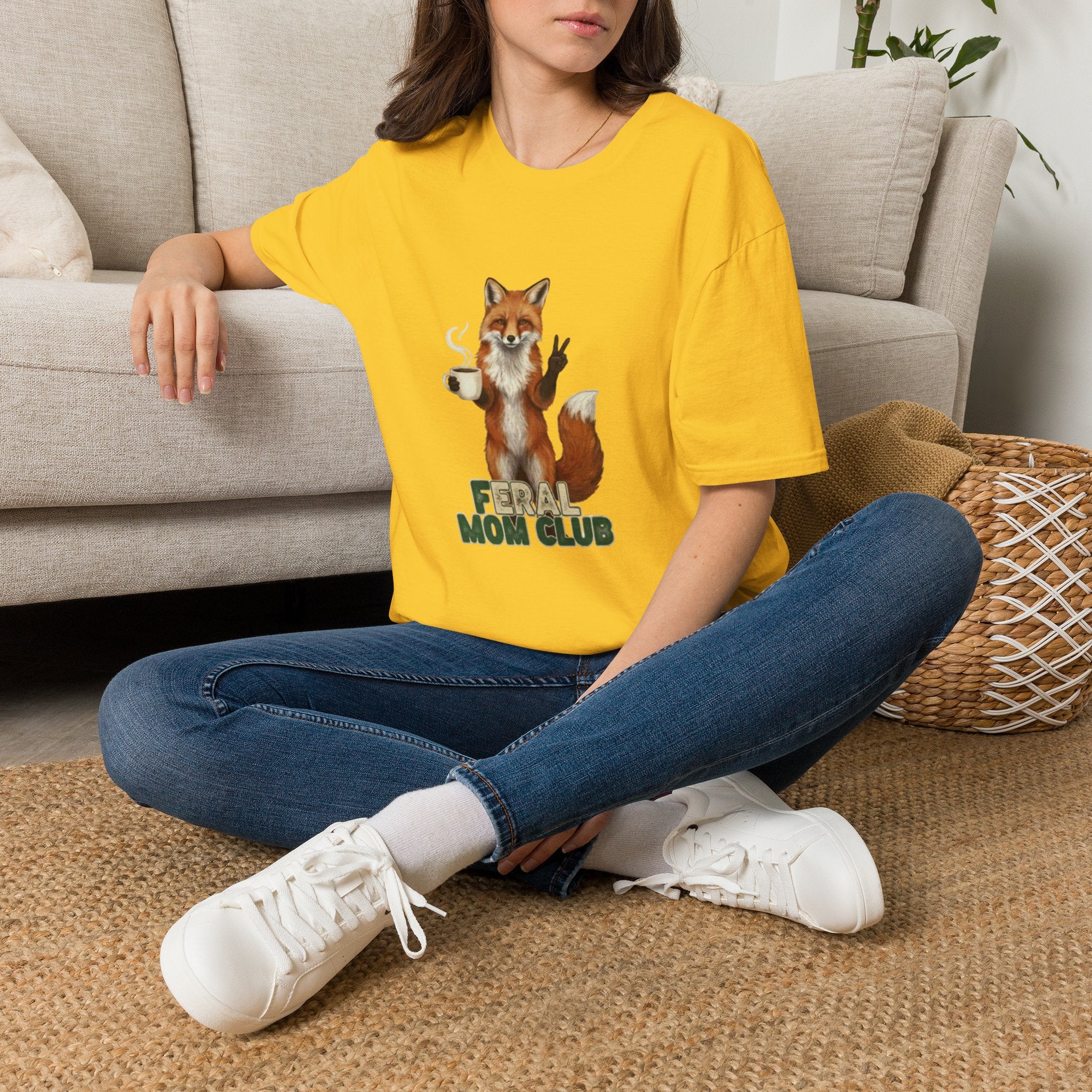 Fox Mom Club T‑Shirt — Cute Coffee‑Holding Fox Giving Peace Sign