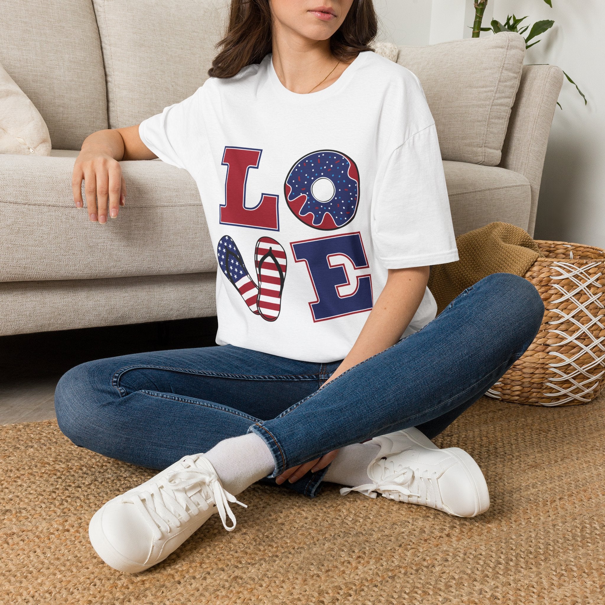 Patriotic 'LOVE' T-Shirt — Americana Donut & Flag Heart Graphic