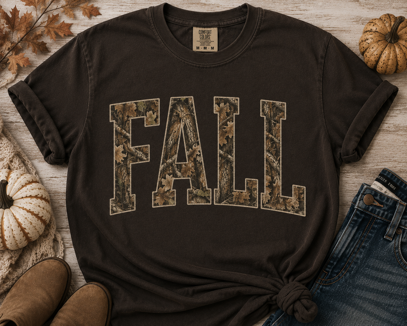 Fall Camouflage T-Shirt — 'FALL' Graphic Garment-Dyed Tee