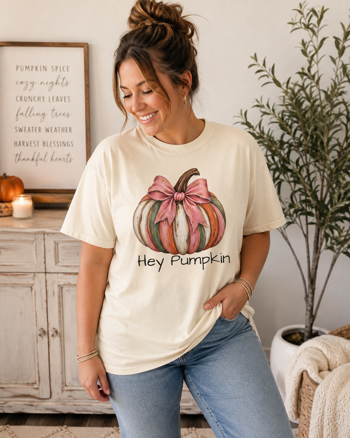 Hey Pumpkin T-Shirt | Pink Bow Pumpkin Fall Tee