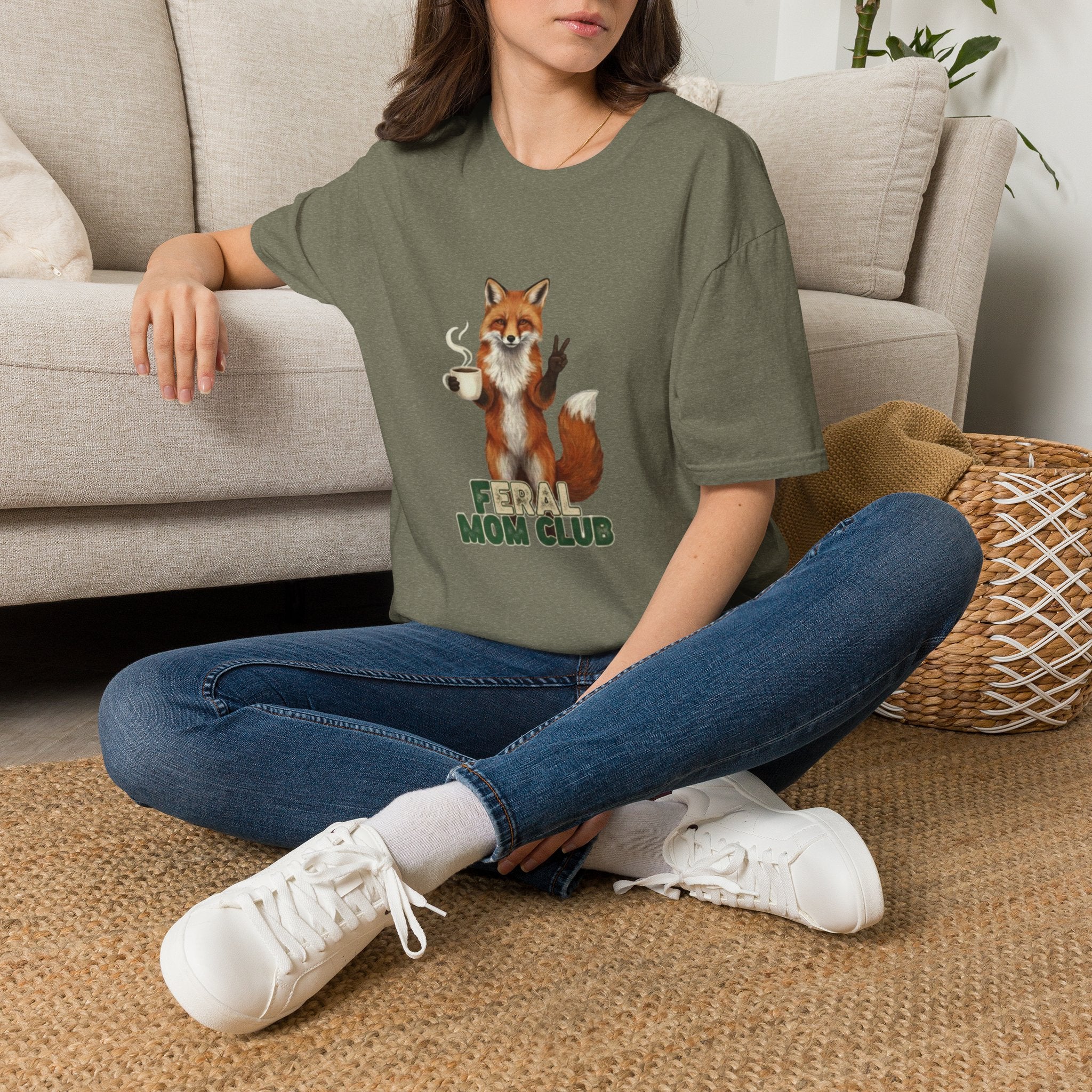 Fox Mom Club T‑Shirt — Cute Coffee‑Holding Fox Giving Peace Sign