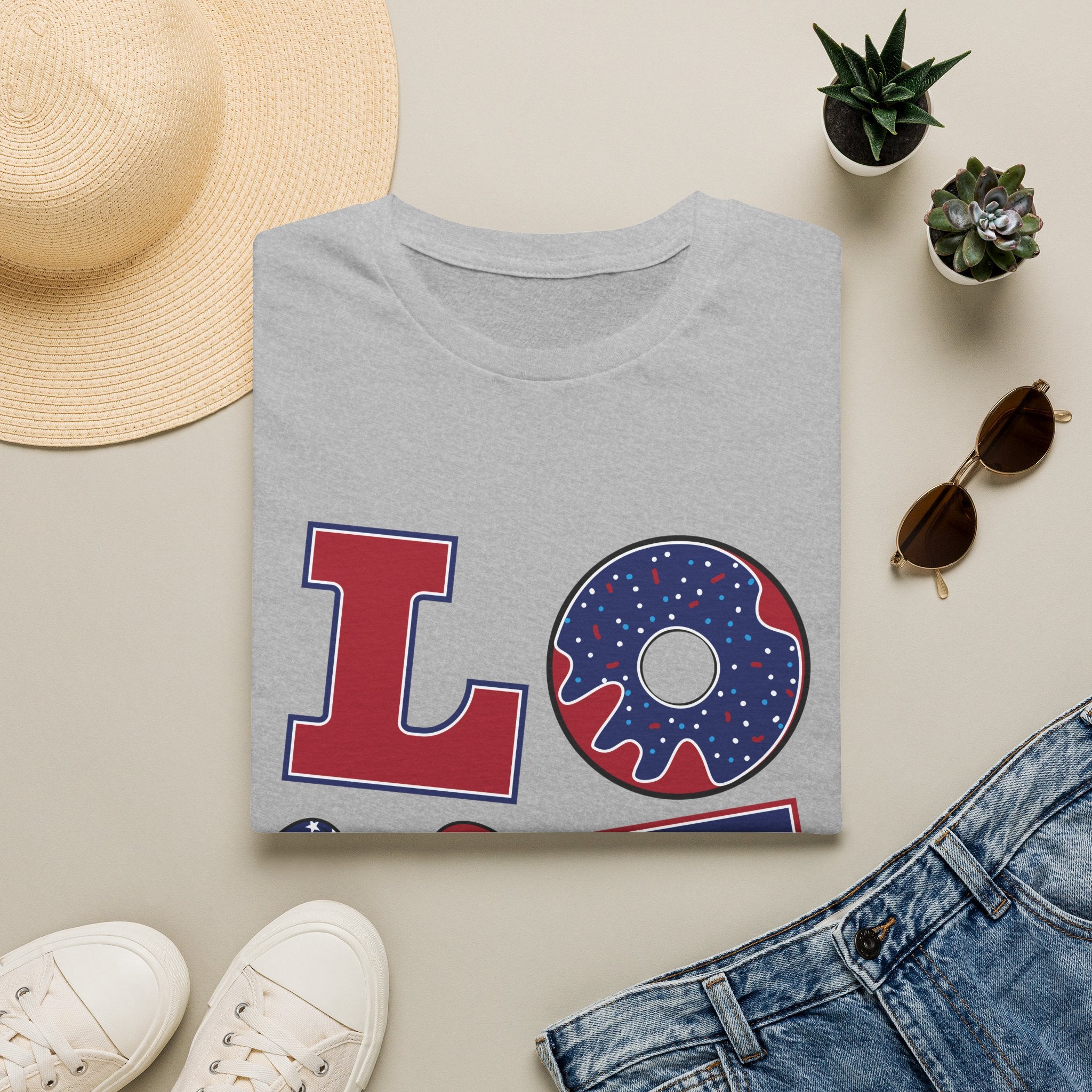Patriotic 'LOVE' T-Shirt — Americana Donut & Flag Heart Graphic