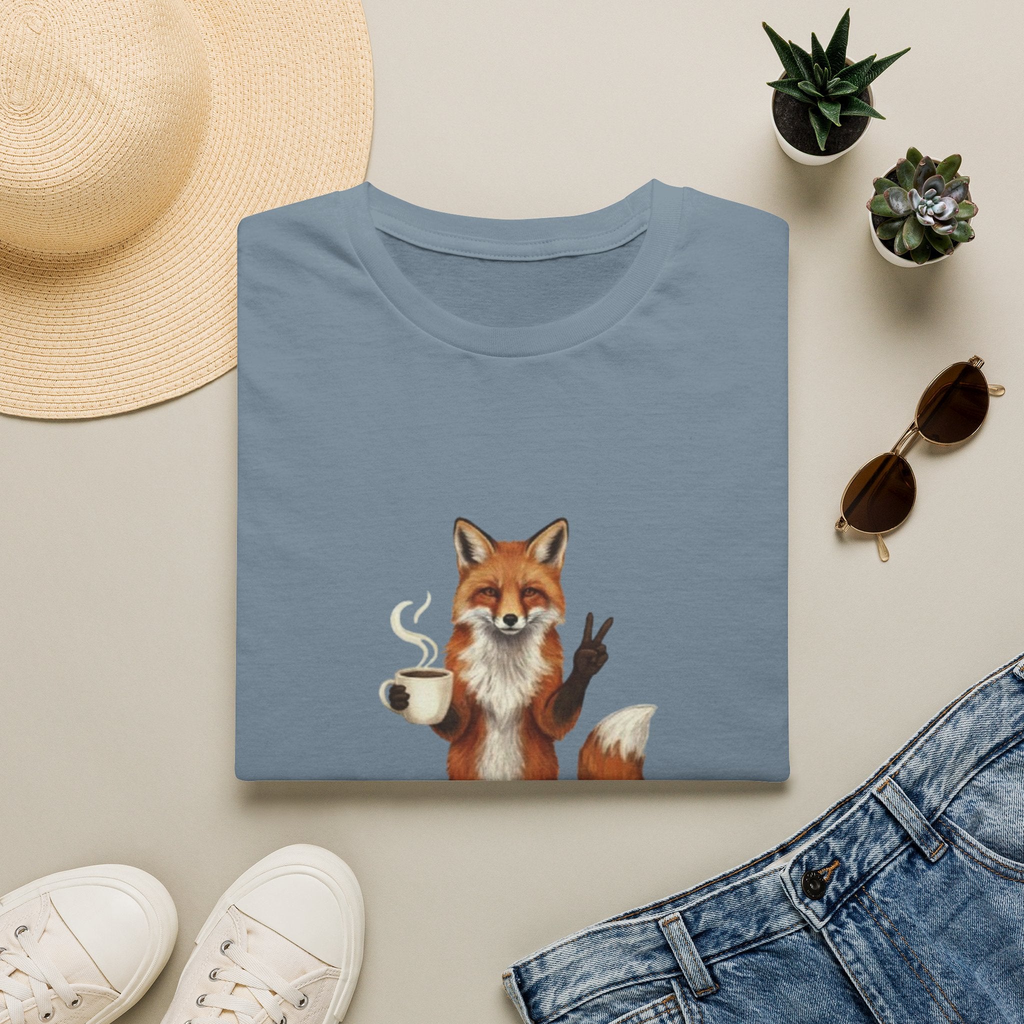 Fox Mom Club T‑Shirt — Cute Coffee‑Holding Fox Giving Peace Sign