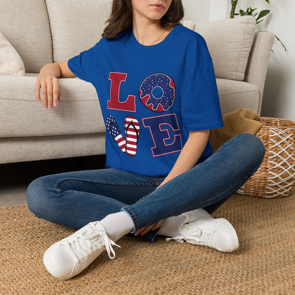 Patriotic 'LOVE' T-Shirt — Americana Donut & Flag Heart Graphic