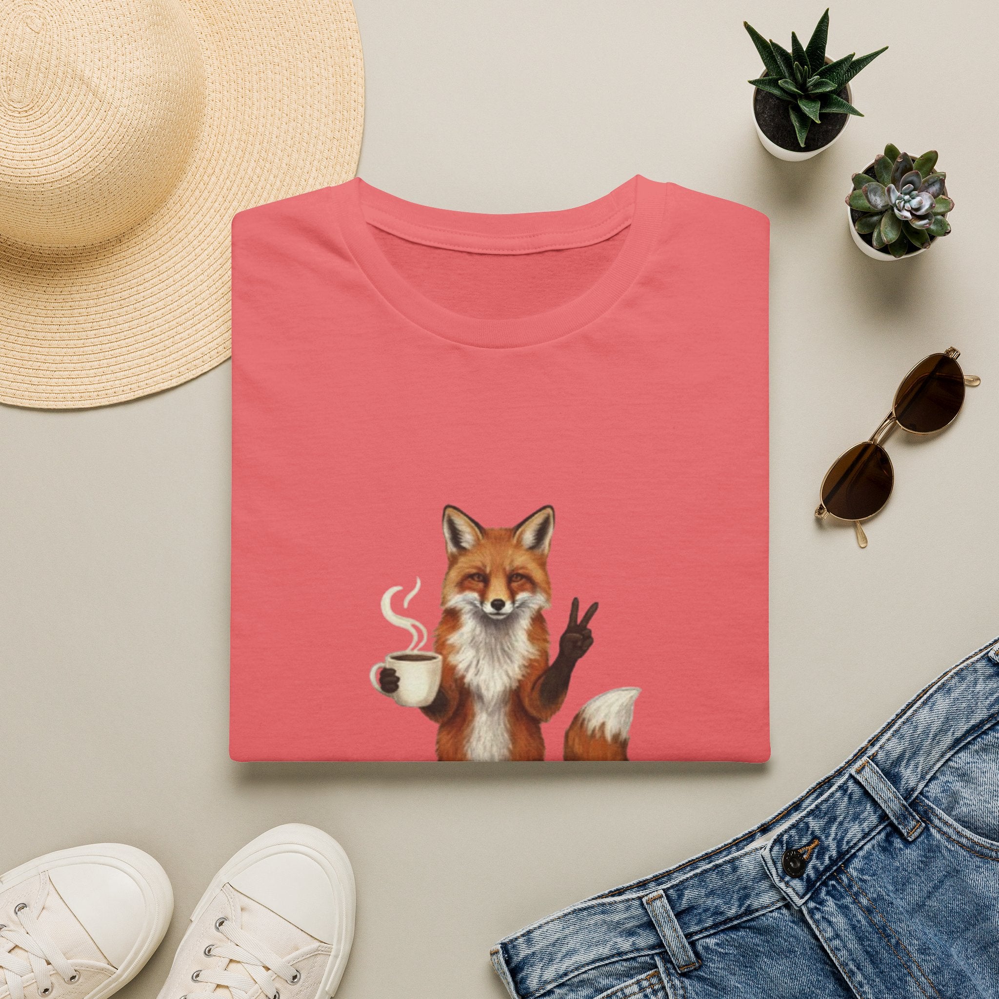 Fox Mom Club T‑Shirt — Cute Coffee‑Holding Fox Giving Peace Sign