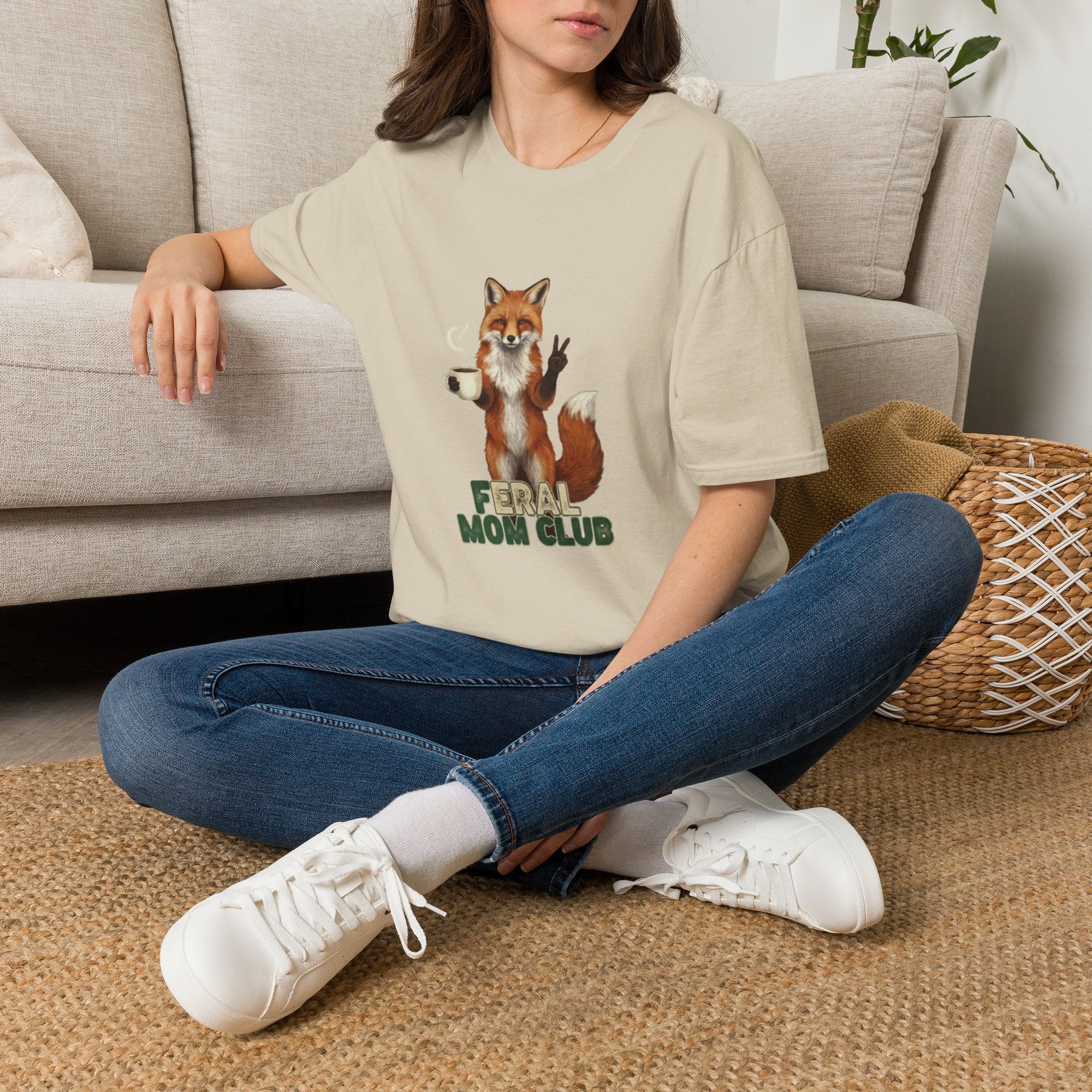 Fox Mom Club T‑Shirt — Cute Coffee‑Holding Fox Giving Peace Sign