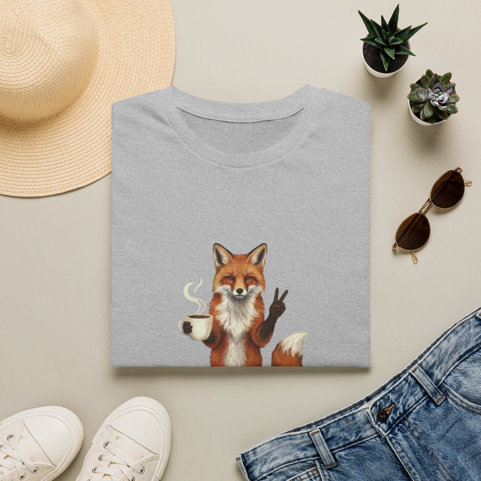 Fox Mom Club T‑Shirt — Cute Coffee‑Holding Fox Giving Peace Sign