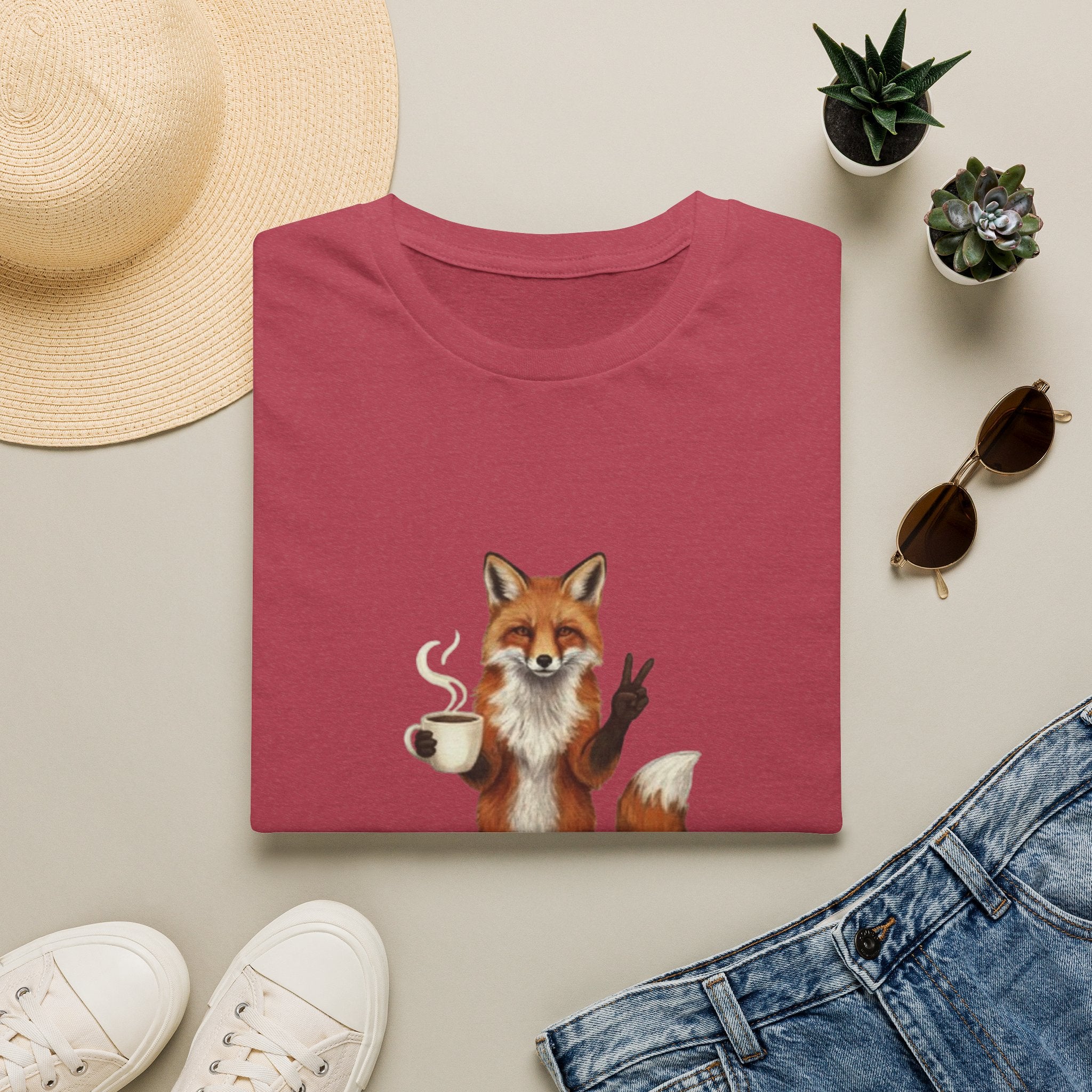 Fox Mom Club T‑Shirt — Cute Coffee‑Holding Fox Giving Peace Sign