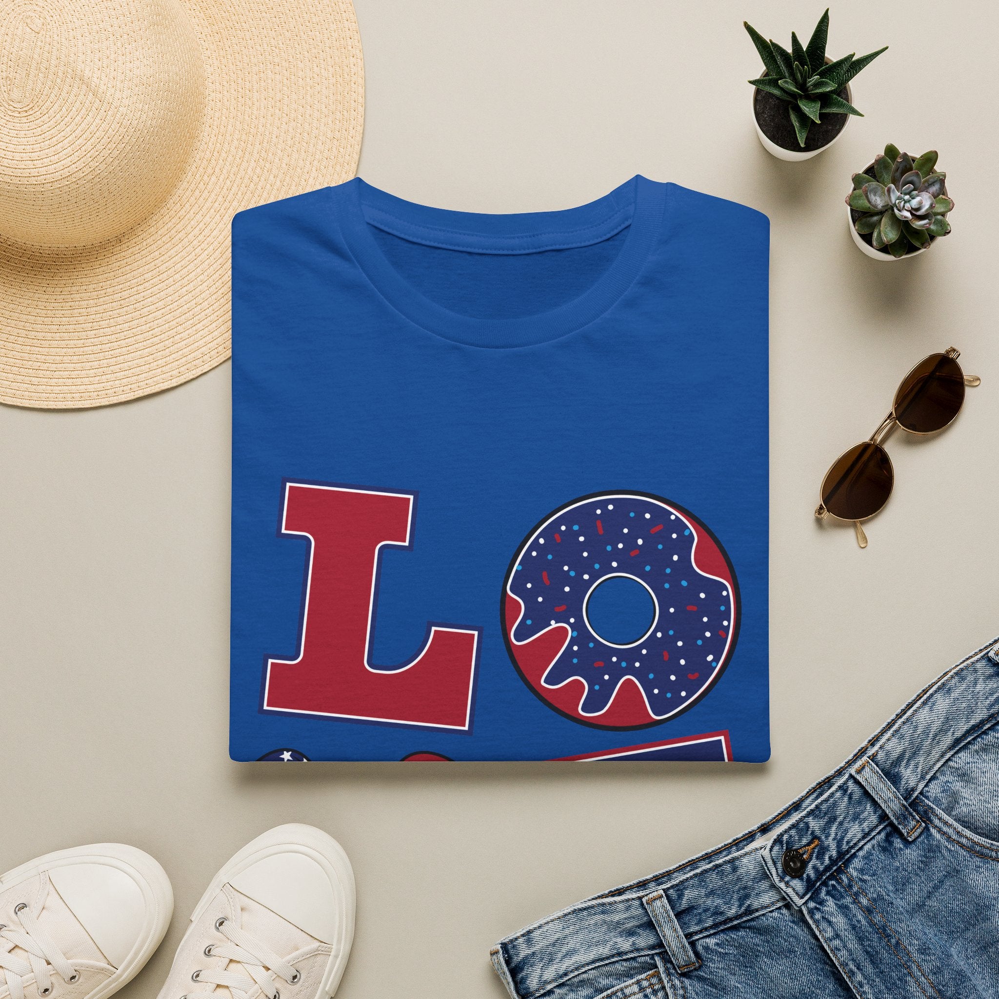 Patriotic 'LOVE' T-Shirt — Americana Donut & Flag Heart Graphic