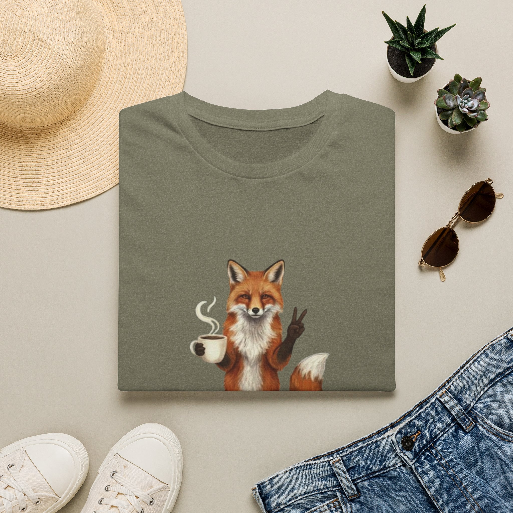 Fox Mom Club T‑Shirt — Cute Coffee‑Holding Fox Giving Peace Sign