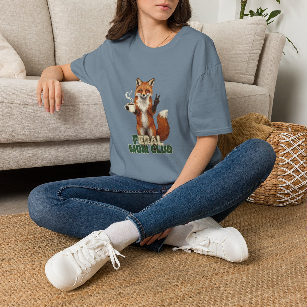 Fox Mom Club T‑Shirt — Cute Coffee‑Holding Fox Giving Peace Sign