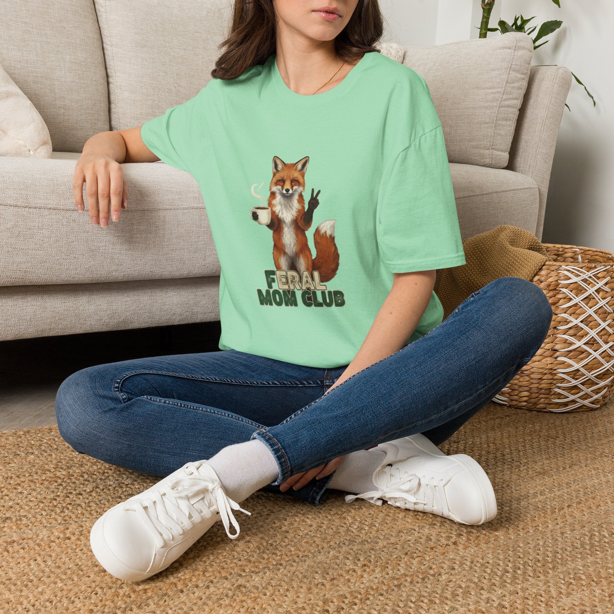 Fox Mom Club T‑Shirt — Cute Coffee‑Holding Fox Giving Peace Sign