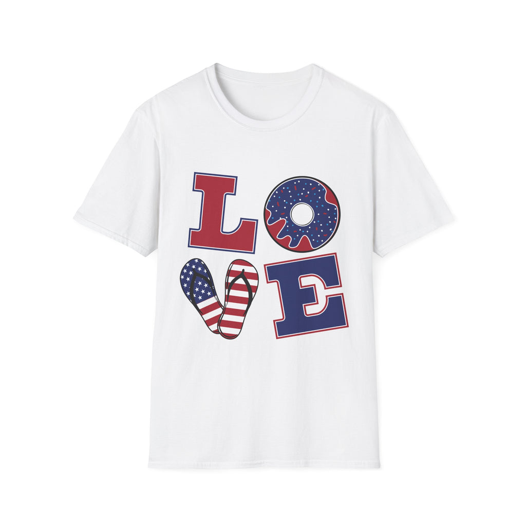 Patriotic 'LOVE' T-Shirt — Americana Donut & Flag Heart Graphic