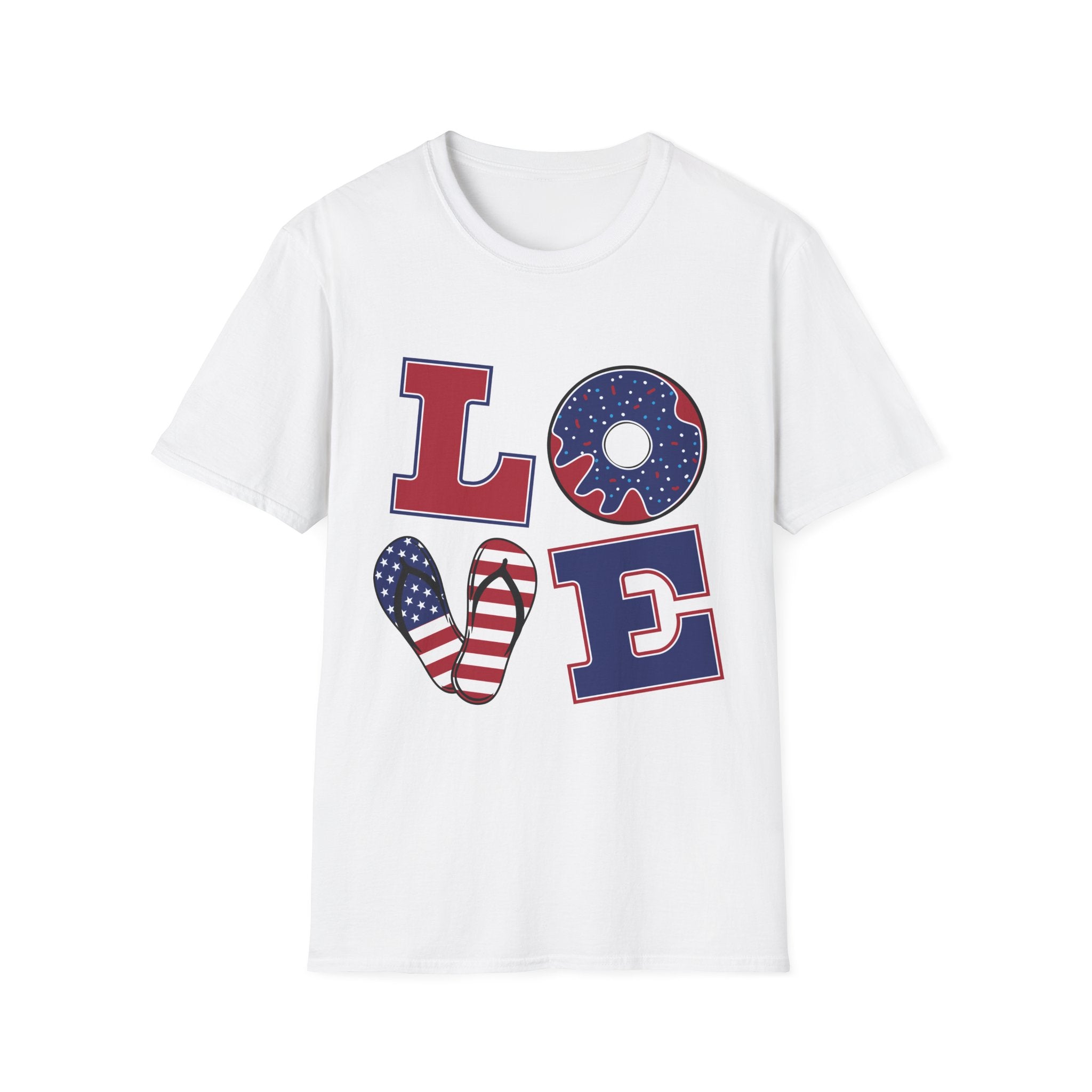 Patriotic 'LOVE' T-Shirt — Americana Donut & Flag Heart Graphic