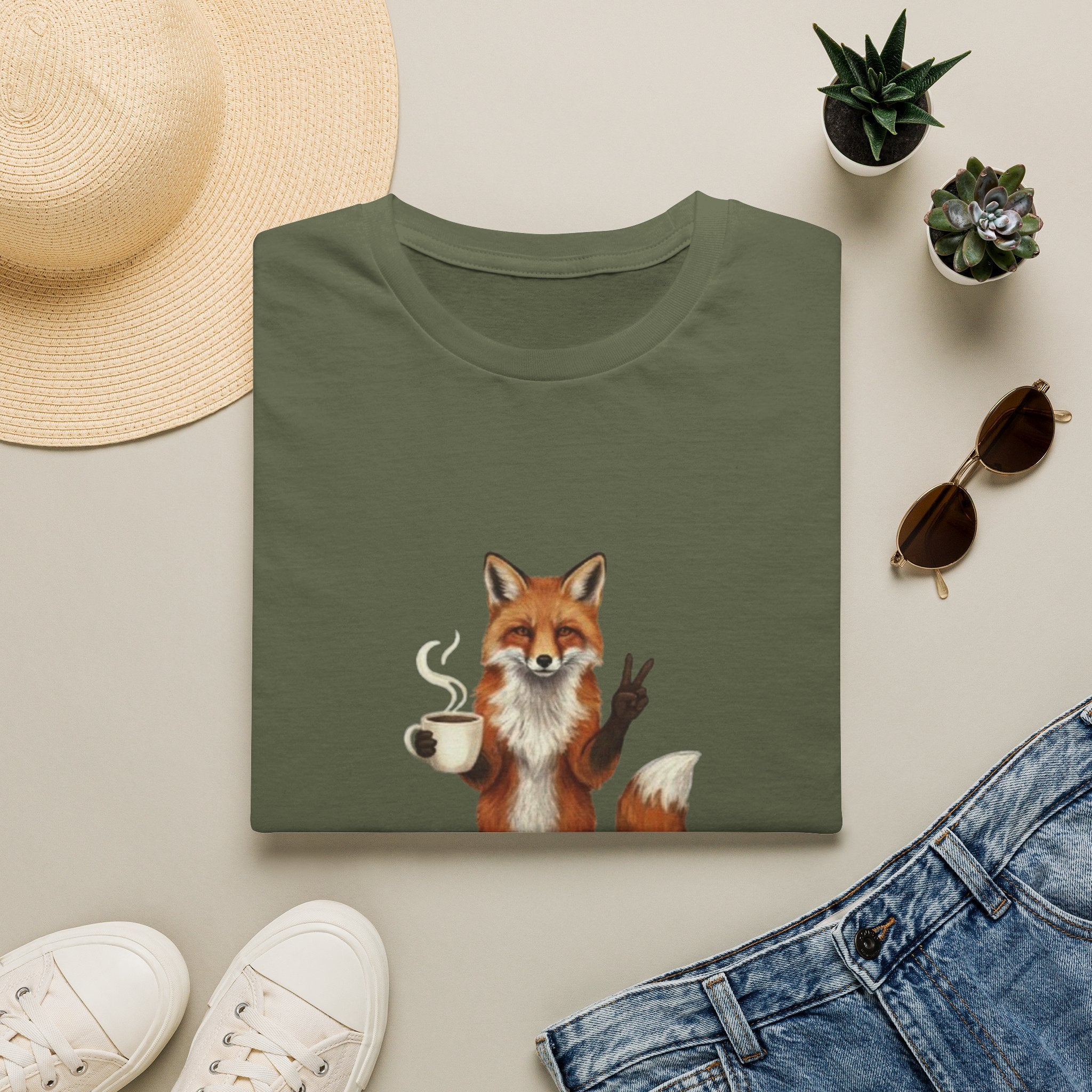 Fox Mom Club T‑Shirt — Cute Coffee‑Holding Fox Giving Peace Sign