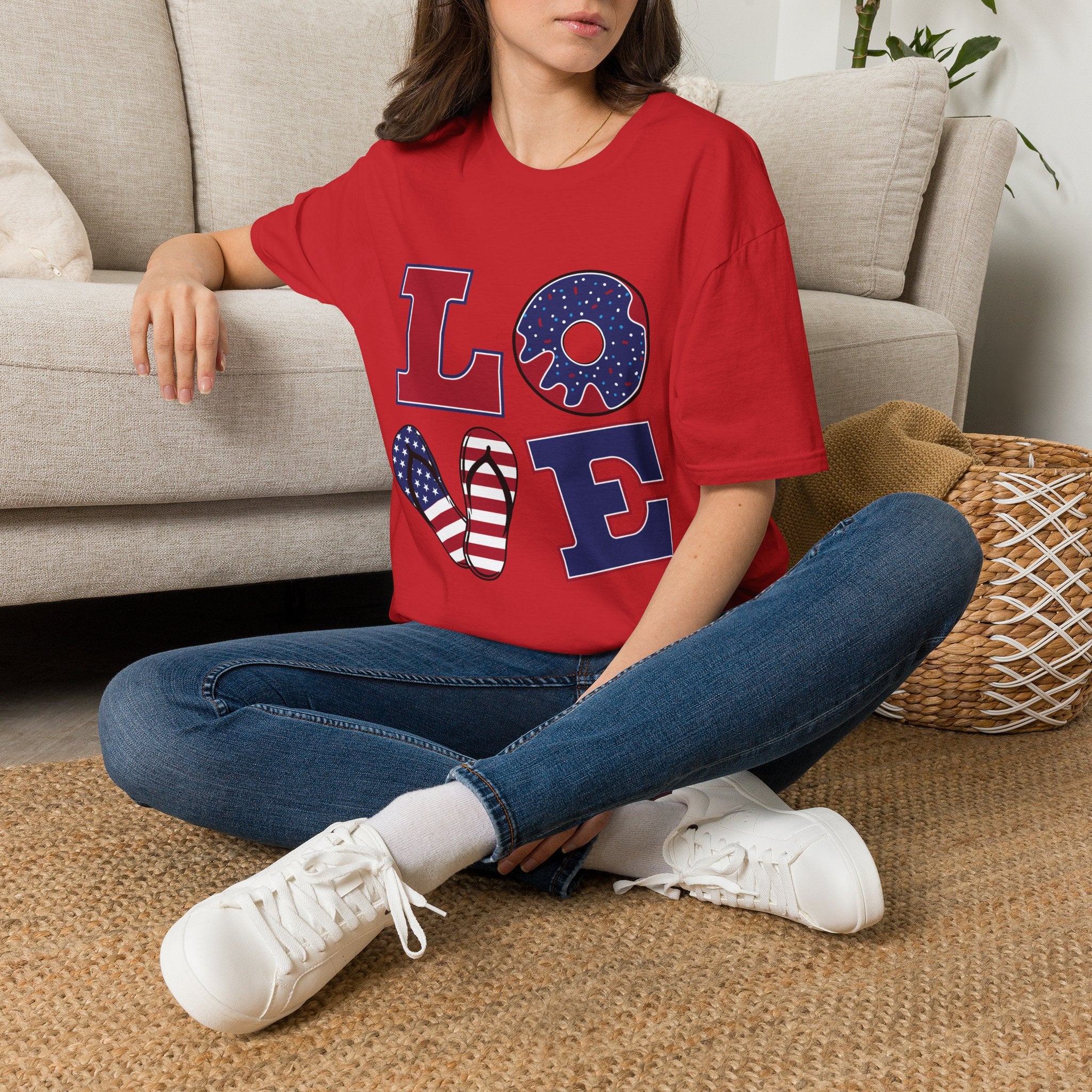 Patriotic 'LOVE' T-Shirt — Americana Donut & Flag Heart Graphic