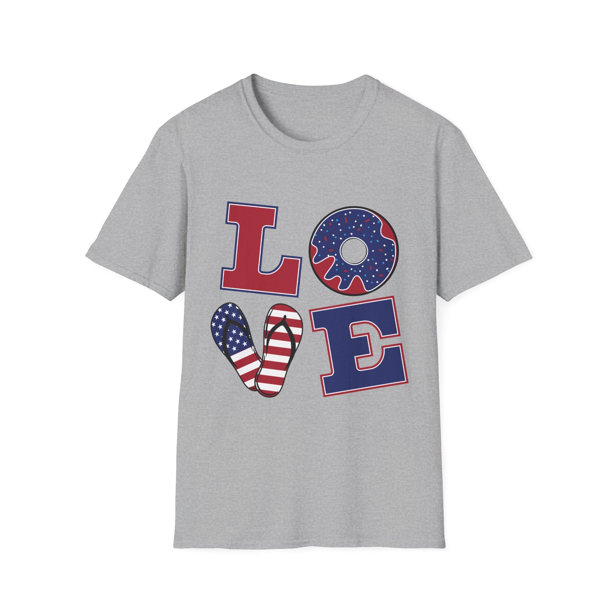 Patriotic 'LOVE' T-Shirt — Americana Donut & Flag Heart Graphic