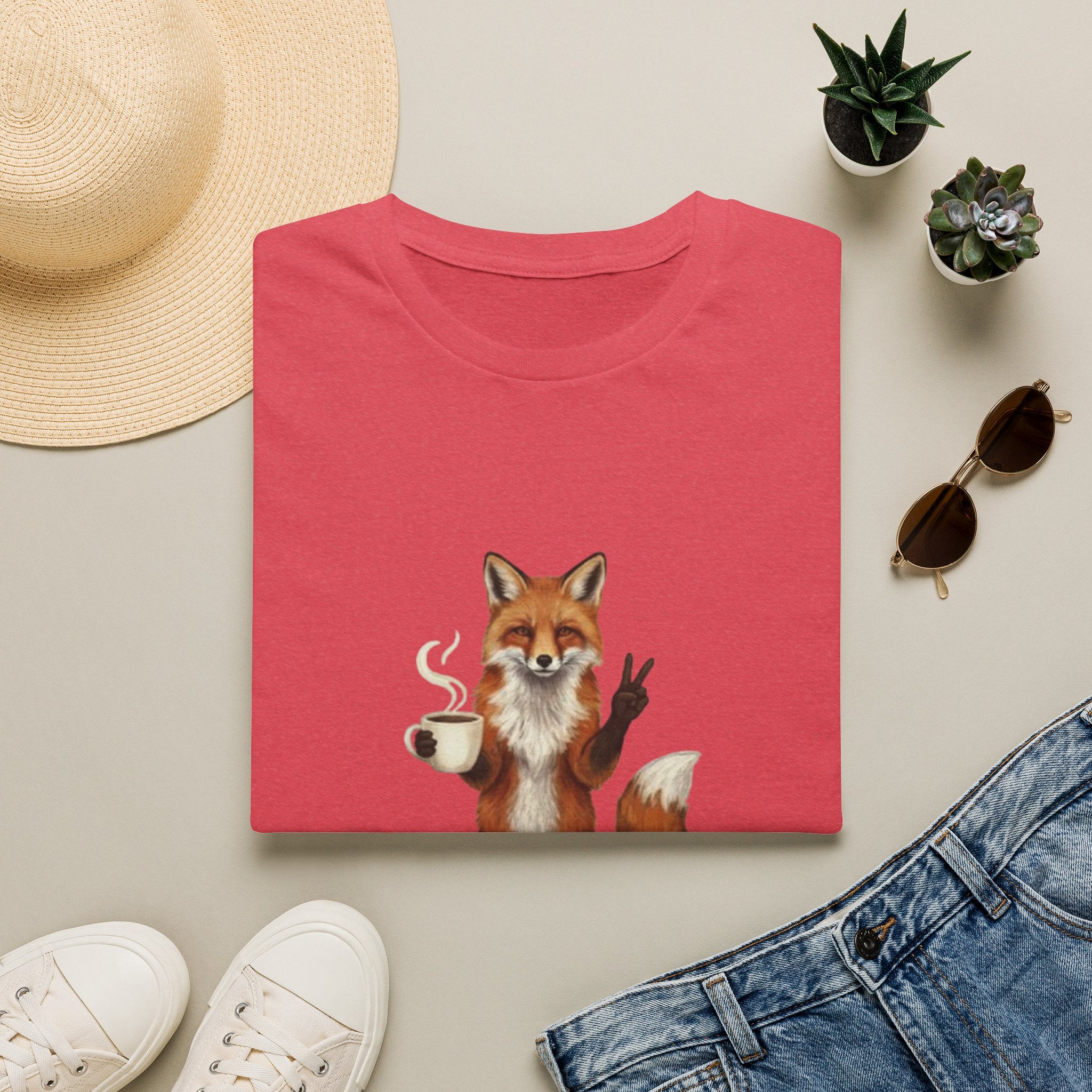 Fox Mom Club T‑Shirt — Cute Coffee‑Holding Fox Giving Peace Sign