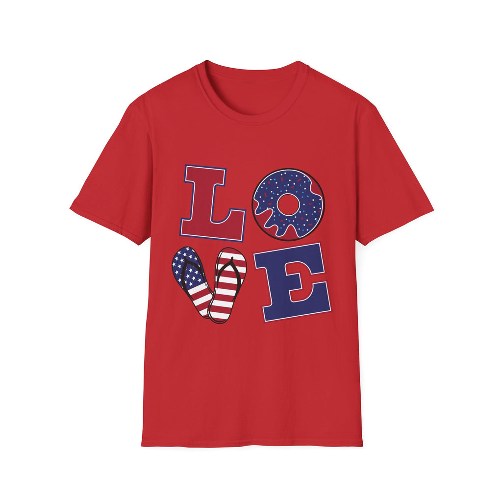 Patriotic 'LOVE' T-Shirt — Americana Donut & Flag Heart Graphic