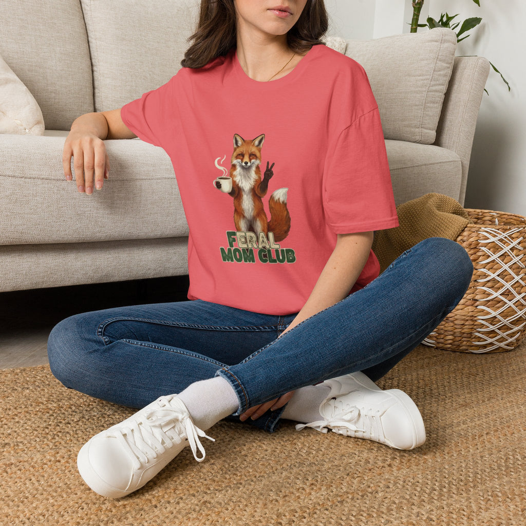 Fox Mom Club T‑Shirt — Cute Coffee‑Holding Fox Giving Peace Sign