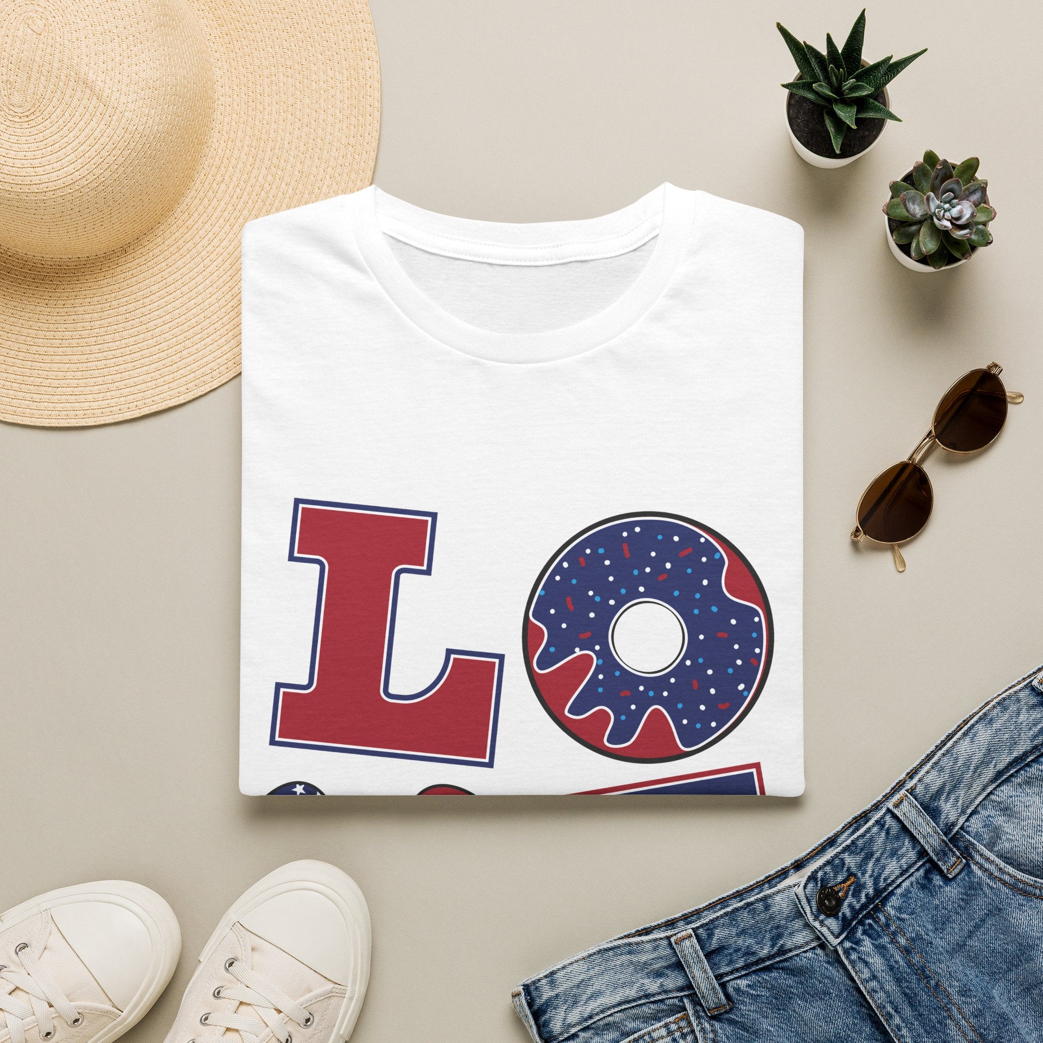 Patriotic 'LOVE' T-Shirt — Americana Donut & Flag Heart Graphic