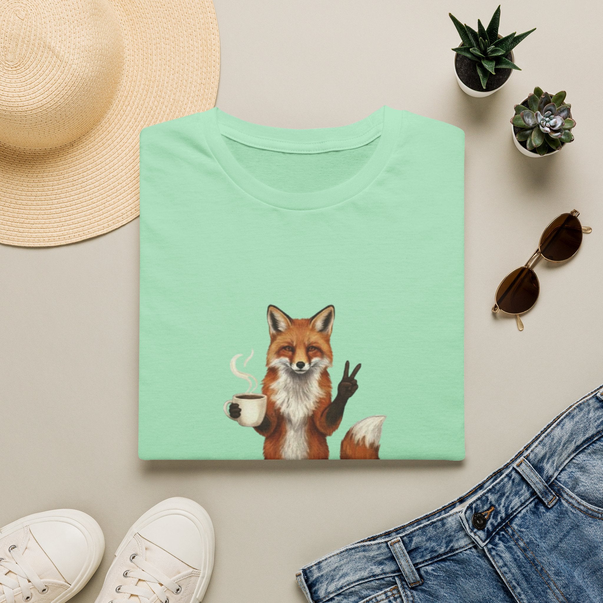 Fox Mom Club T‑Shirt — Cute Coffee‑Holding Fox Giving Peace Sign