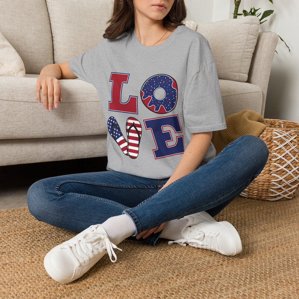 Patriotic 'LOVE' T-Shirt — Americana Donut & Flag Heart Graphic