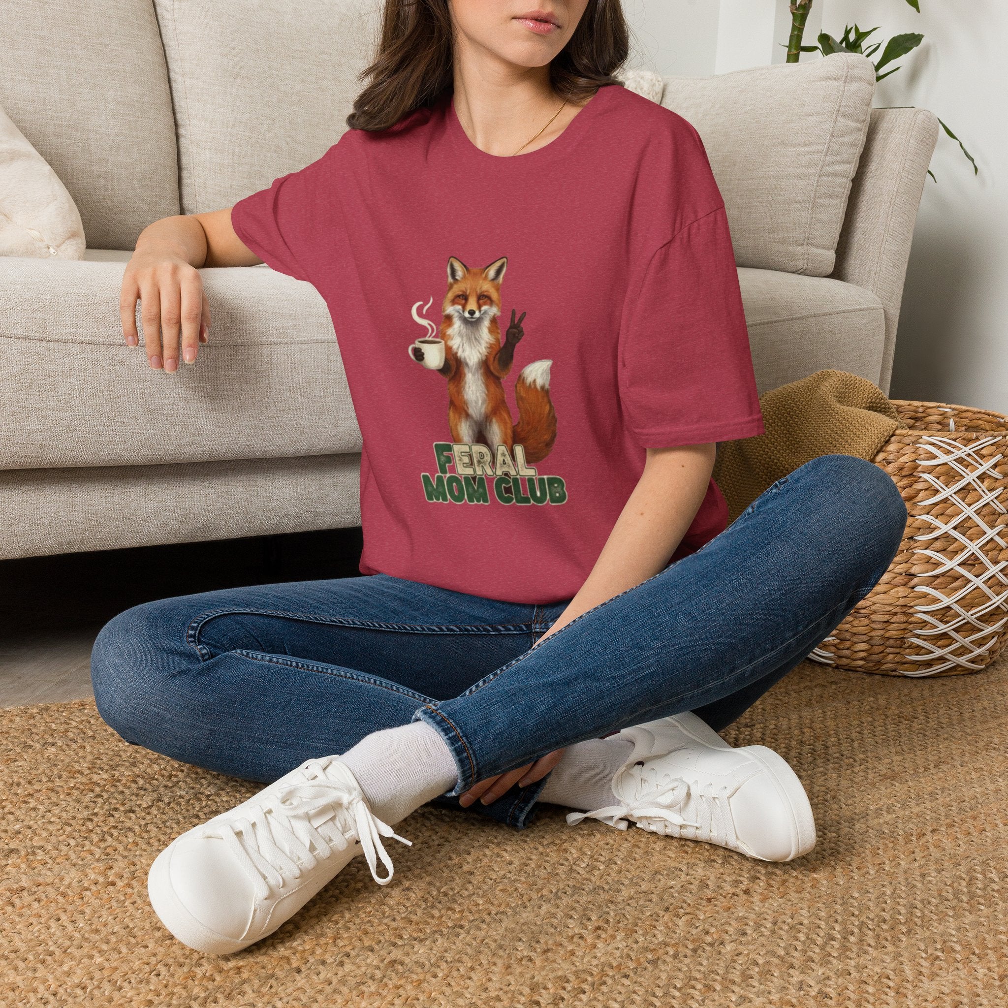 Fox Mom Club T‑Shirt — Cute Coffee‑Holding Fox Giving Peace Sign