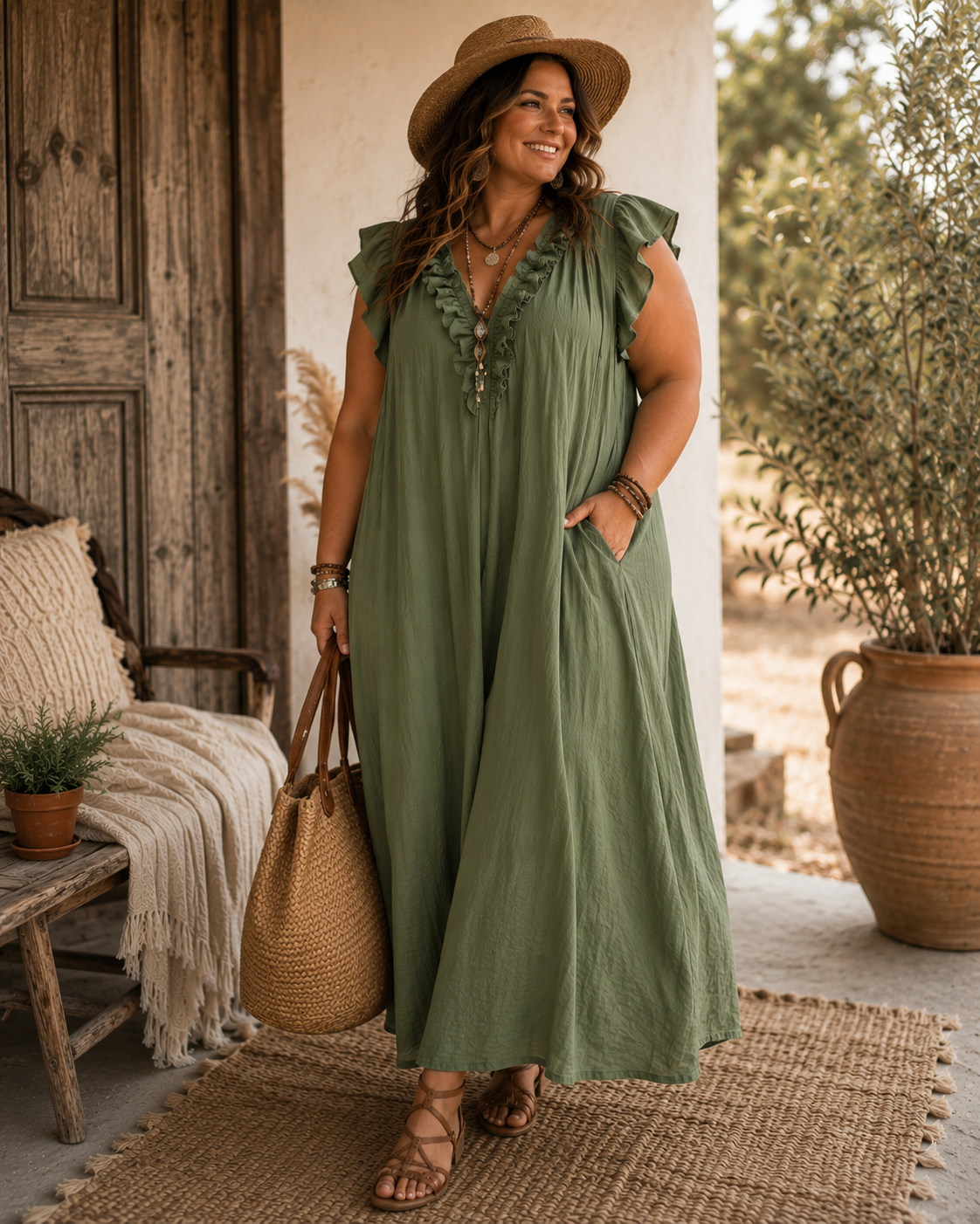 Green ruffle V-neck maxi dress with straw hat and woven tote bag