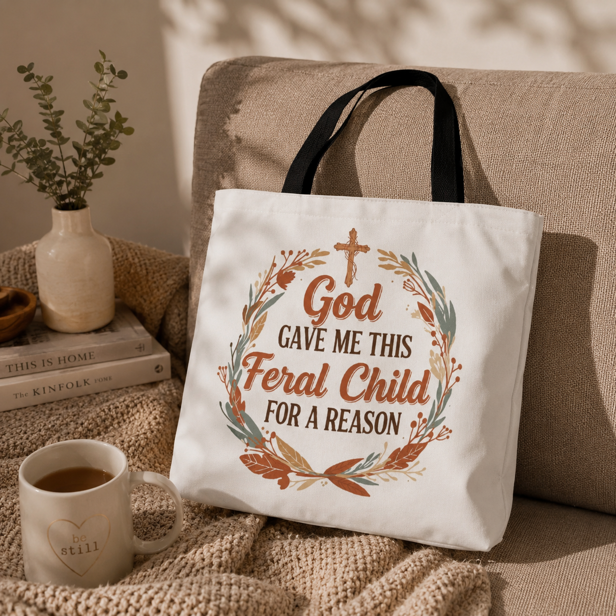 Tote — "God Gave Me This Feral Child for a Reason" Faith Floral Tote Bag