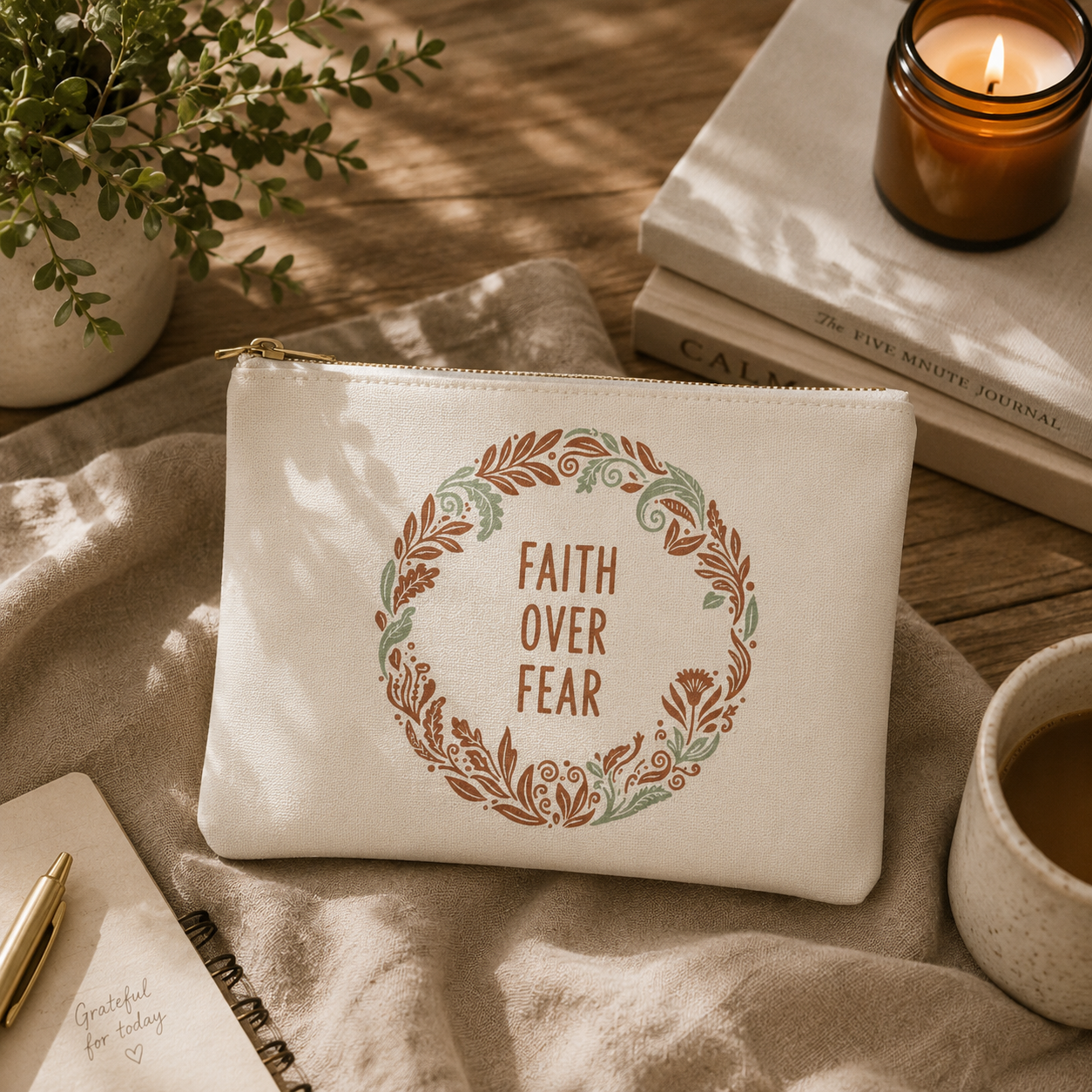 Faith Over Fear Floral Wreath Accessory Pouch